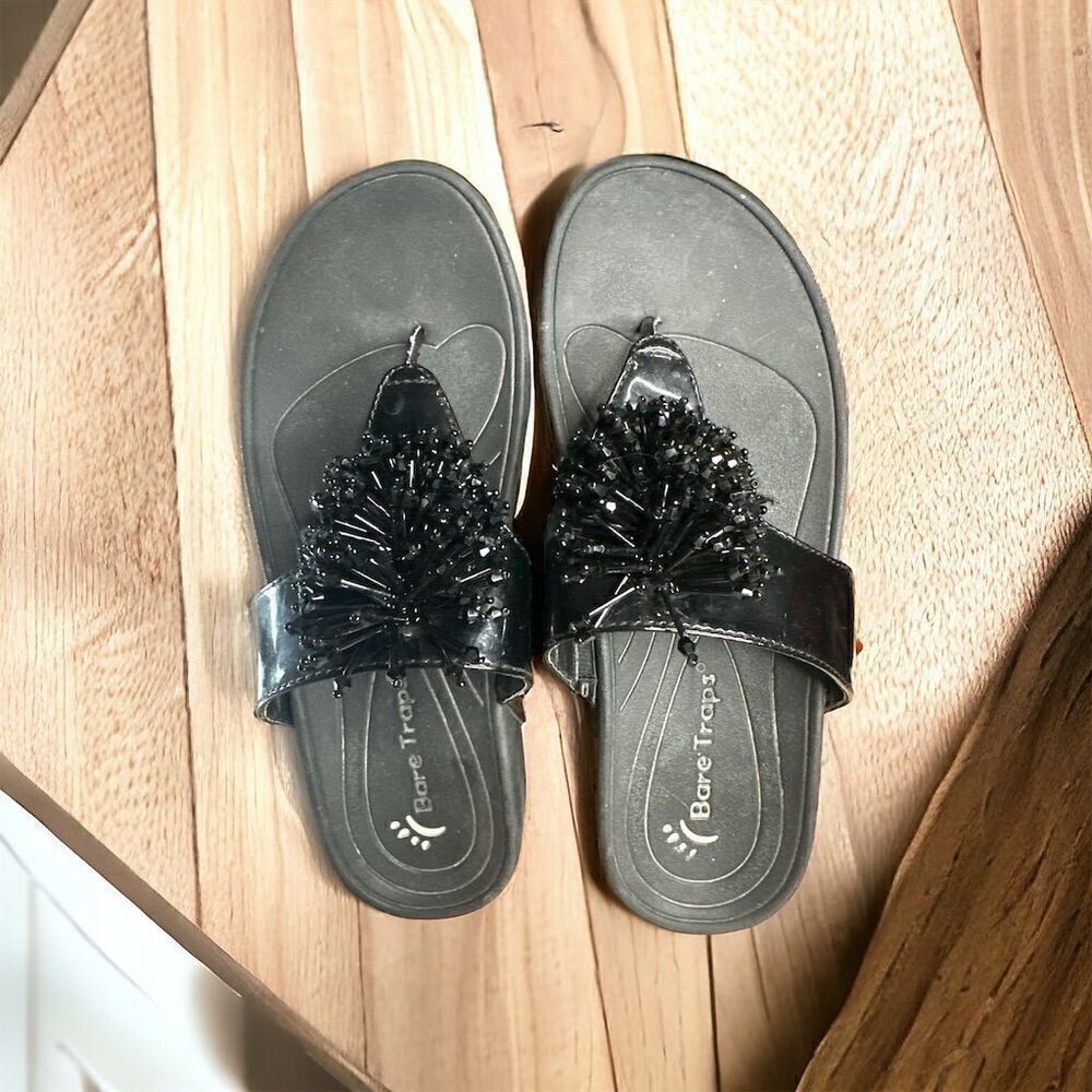 BareTraps Ginifer Embellished Black Beaded Wedge Flip Flops Black Sandals